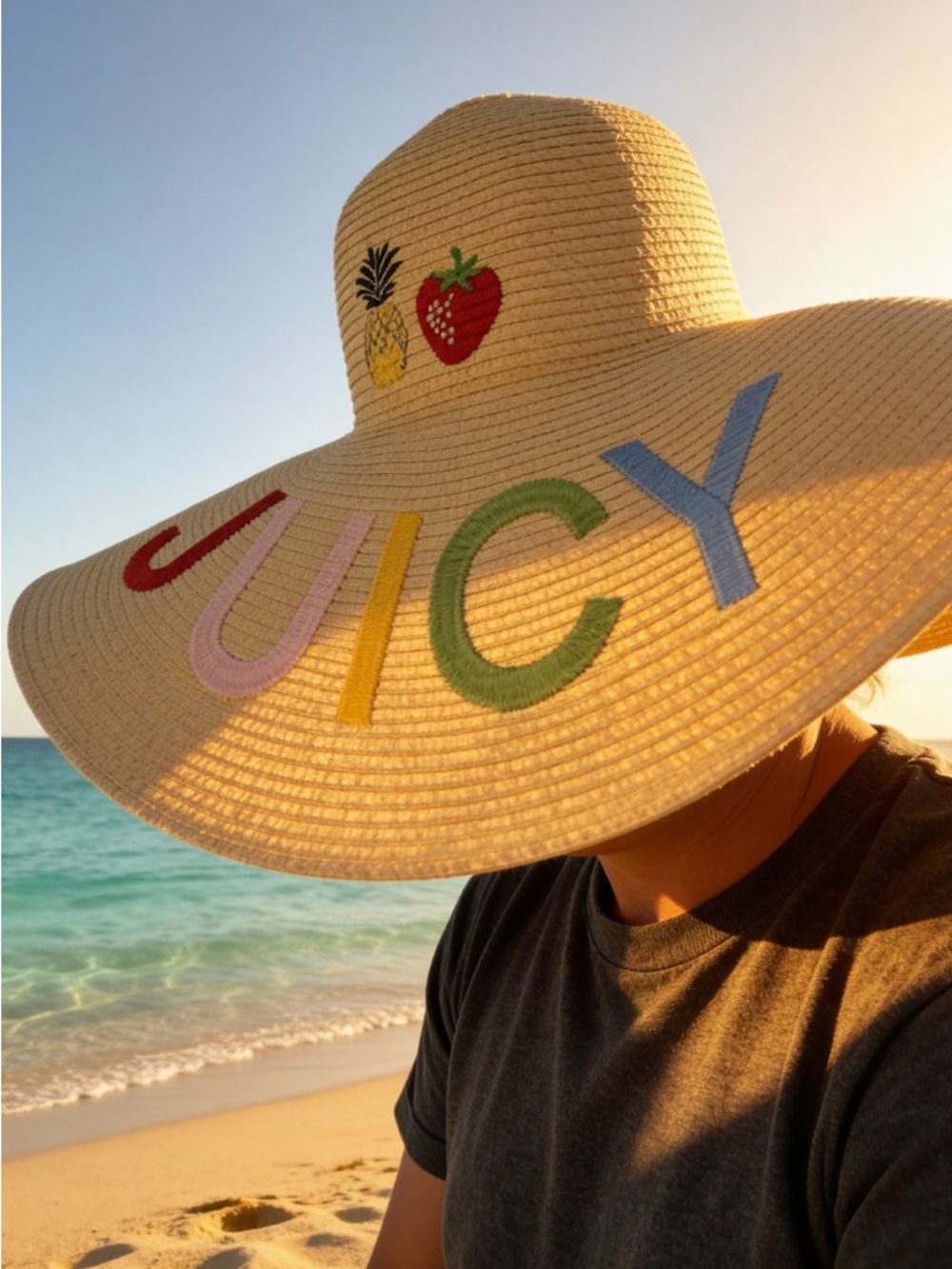 Juicy Couture So Juicy Floppy Straw Sun Hat Multicolor Embroidered OS